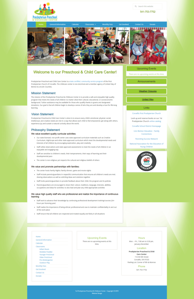 1st Presbyterian Preschool & Child Care website redesign, home page