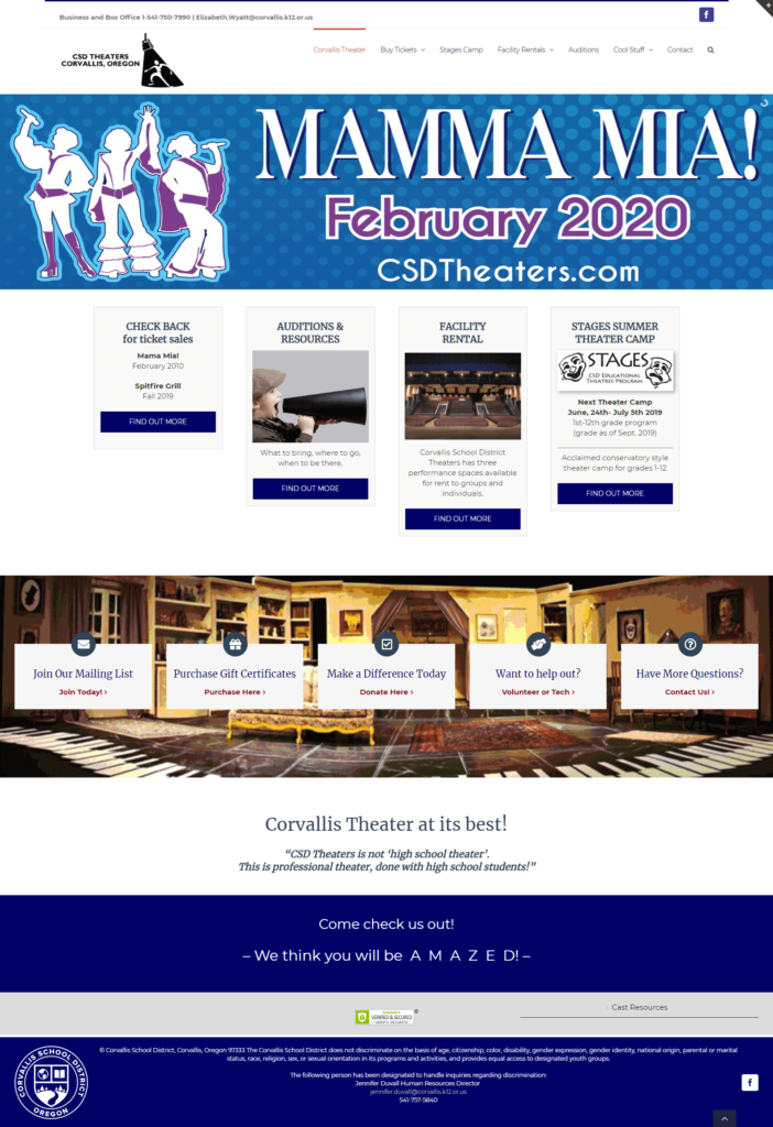 Corvallis School District Theaters website redesign, home page